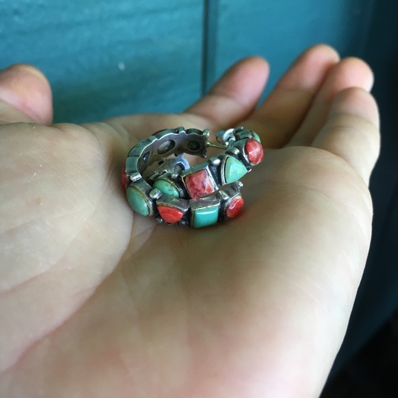 Native American turquoise, red coral, silver hoops - Picture 4 of 7